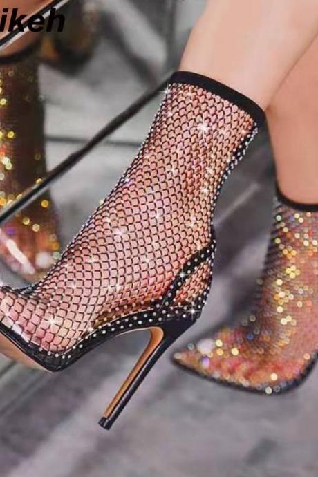Sexy Bling CRYSTAL Mesh Pumps Woman Fetish Thin High Heel PVC Pointed End Stripper Slip-On Retro Party Shoes