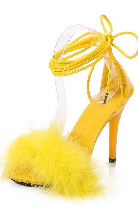 Yellow 11CM Stiletto Heels Women Sandals Ankle Strap Sexy High Heels Furry Shoes Female Open Toe Striptease Shoes