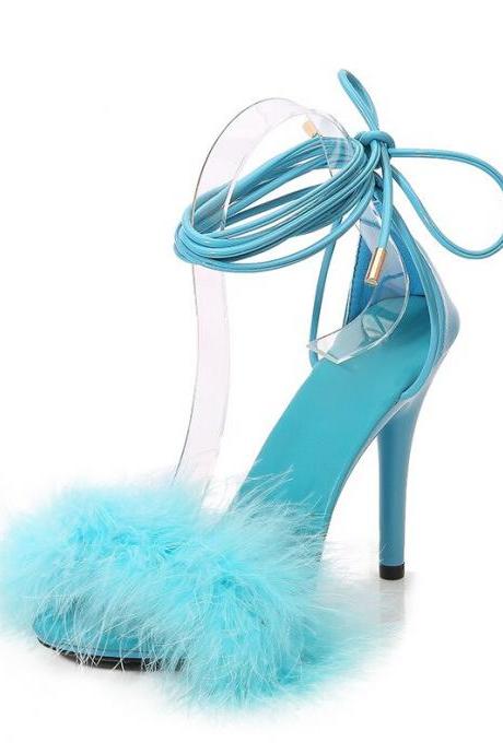 Blue 11CM Stiletto Heels Women Sandals Ankle Strap Sexy High Heels Furry Shoes Female Open Toe Striptease Shoes