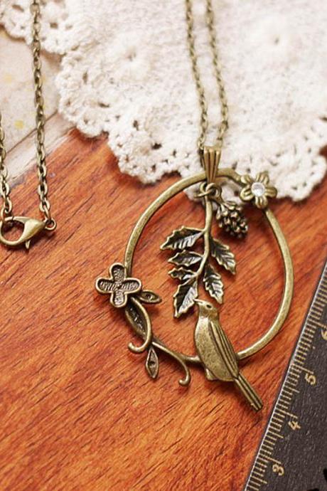 Vintage Alloy Bird Leaf Flower Chain Necklace