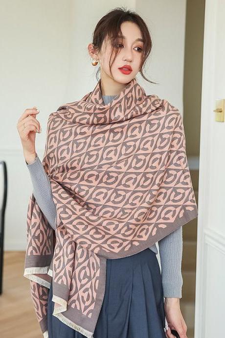 Pink-gray Vintage Imitated Cashmere Tasseled Shawl&amp;amp;amp;scarf