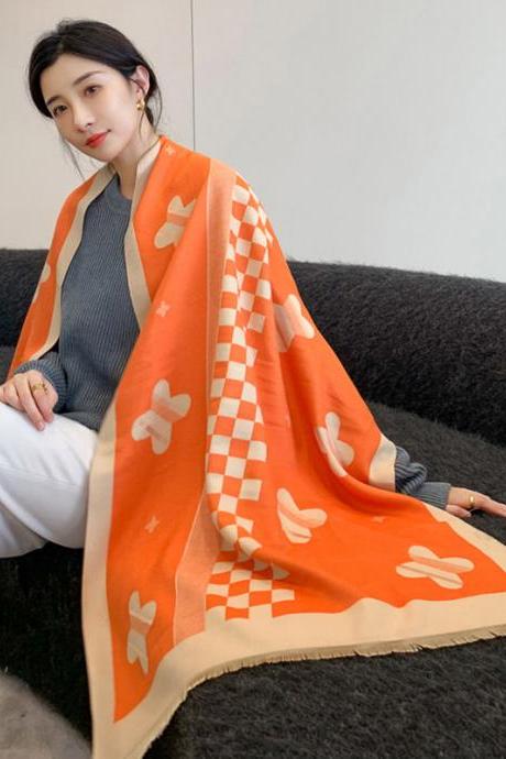 Orange Vintage Contrast Color Jacquard Tasseled Shawl&amp;amp;amp;scarf