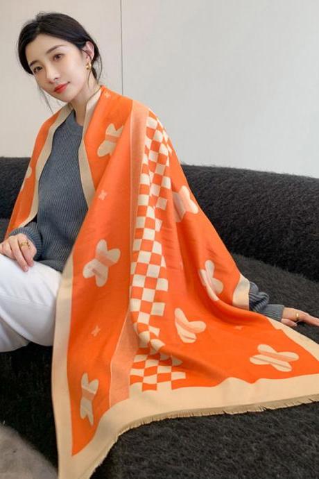 ORANGE Vintage Contrast Color Jacquard Tasseled Shawl&Scarf