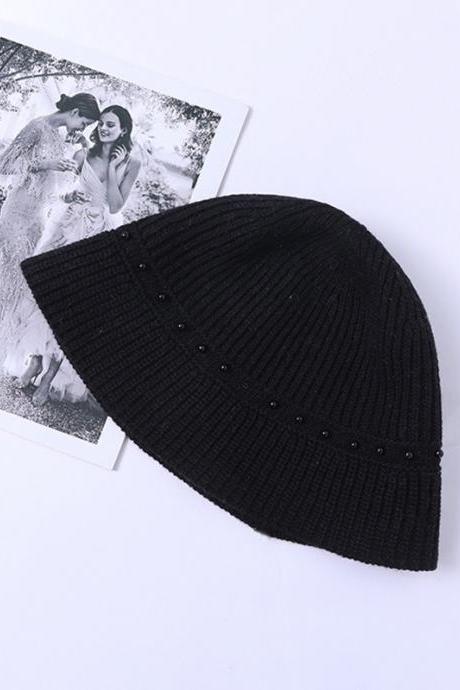 BLACK Original Vintage Knitting Beaded Solid Color Hat