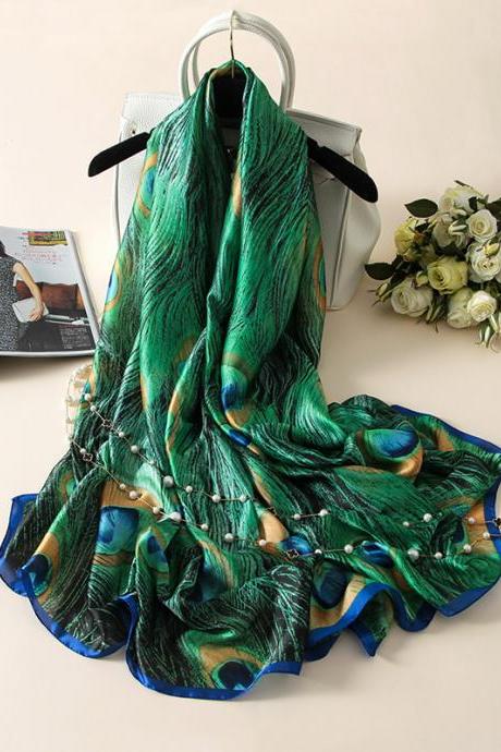 Green Vintage Peacock Printed Silk Imitation Shawl&amp;amp;amp;amp;amp;scarf