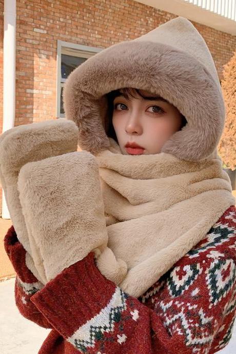 KHAKI Cute Casual Faux Fur Keep Warm Scarfs&Hats