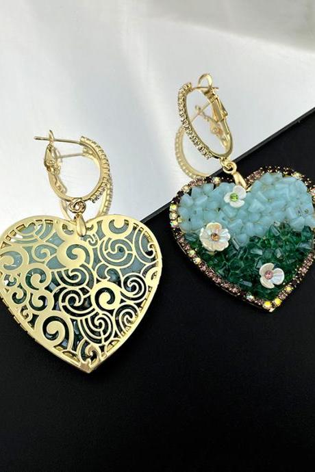 Simple Rhinestone Heart Shape Green Earrings Accessories