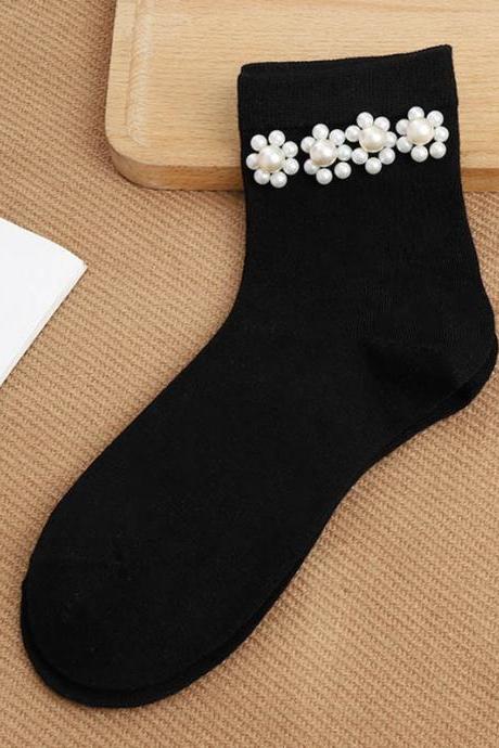 BLACK Urban Beaded Floral Pearl Socks Accessories