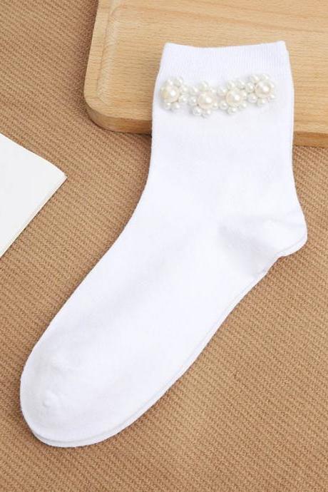 WHITE Urban Beaded Floral Pearl Socks Accessories