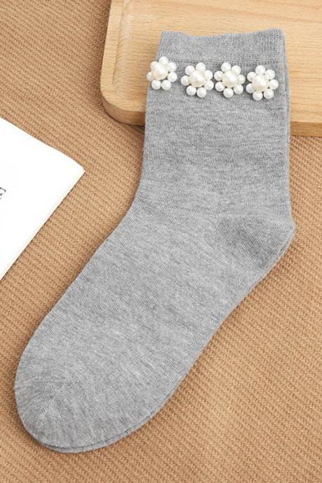 Gray Urban Beaded Floral Pearl Socks Accessories