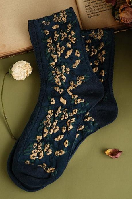Navy Blue Vintage Jacquard Keep Warm Cotton Socks