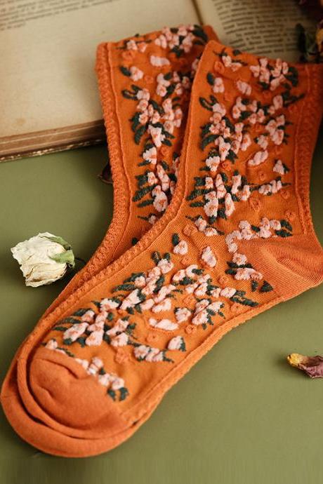 Orange Vintage Jacquard Keep Warm Cotton Socks