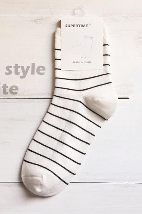 WHITE Striped Pure Cotton Simple Socks
