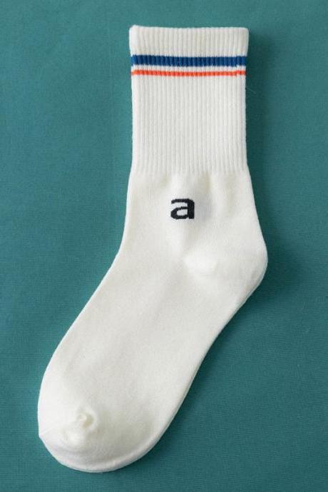 White+blue Simple Letter Sports Cotton Socks