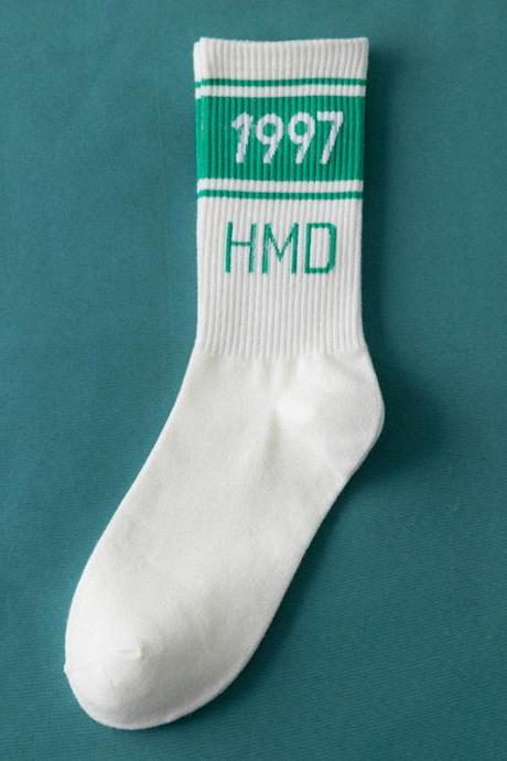 WHITE+GREEN Simple Letter Sports Cotton Socks