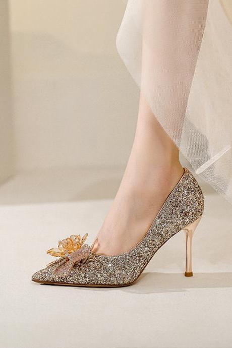Fashion Rhinestone Flower High-heeled Sequin Party Shoes-golden