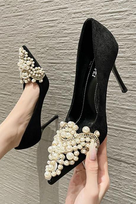 Fashion Ultra-high Thin Heel Pearl Buckle Party Shoes