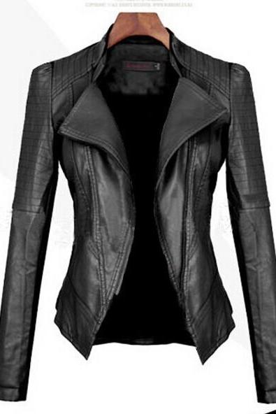Turn Down Pu Leather Womens Jacket（ct18071001）