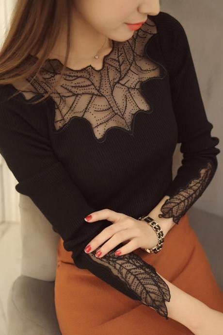Sexy Round Neck Long Sleeve See-through Slimming Knitwear For Women