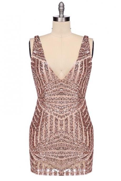 Women's Sexy Deep V-neck Backless Sleeveless Sequins Dress Slim Fitting Bodycon Cocktail Party Mini Dresses