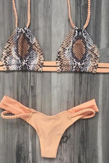 Handmade Plait Straps Print Triangle Bikini Swimwear