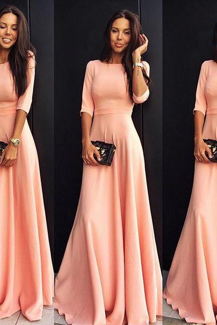 Slim Pure Color 3/4 Sleeves Pleated Long Maxi Dress