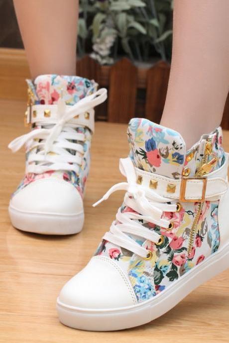 Cute Floral Print Skull Lace Up High Cut Women Sneakers