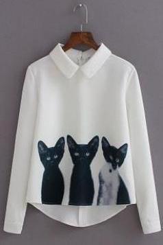 Long Sleeve Pullover Blouse with Three Cats Print