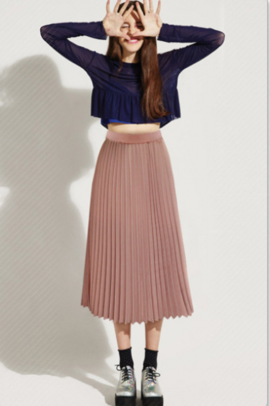 Solid Pleated Long Slim Skirt