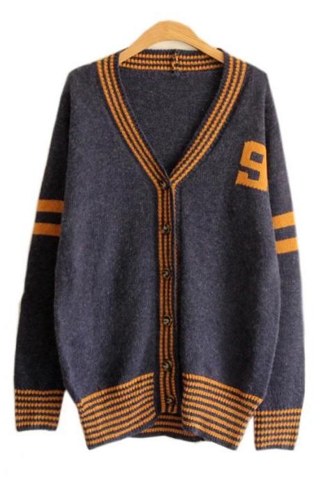 Korean Style Knit Cardigan V-neck Number Print Sweater