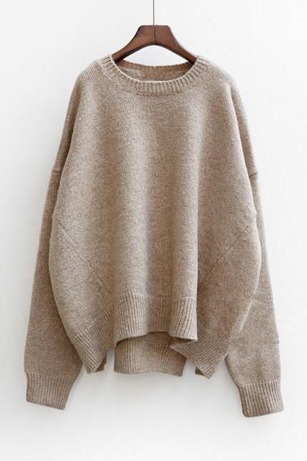 Knitted Crew Neck Long Batwing Sleeves Oversized Sweater