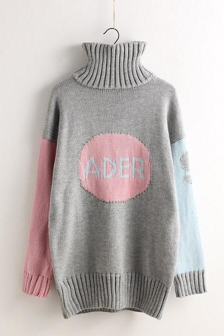 High Neck Contrast Color Pullover Knit Long Sweater
