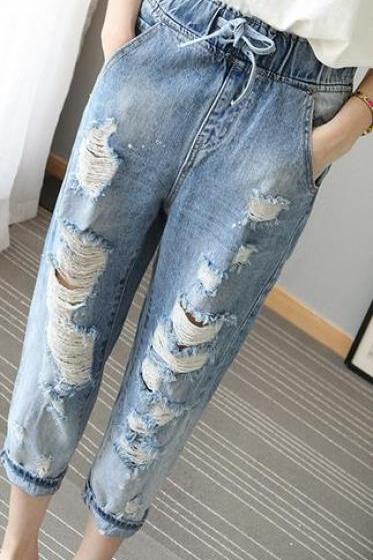 Ripped Holes Elastic Loose Draw String Haroun Jeans