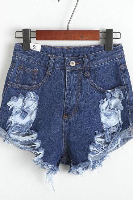 High Waisted Distressed Jean Shorts Featuring Frayed Hem 