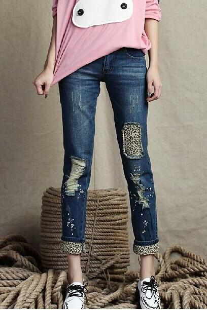 Ripped High Waist Rolled Hem Skinny Holes Slim Leopard grain Patchwork Fashion Jeans