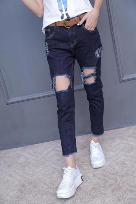 Beggar 9/10 Ripped Hole Rolled Hem Harem Loose Jeans