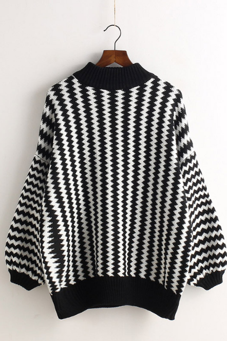 Wavy Lines Balloon Sleeve Pullover Half High Collar Sweater