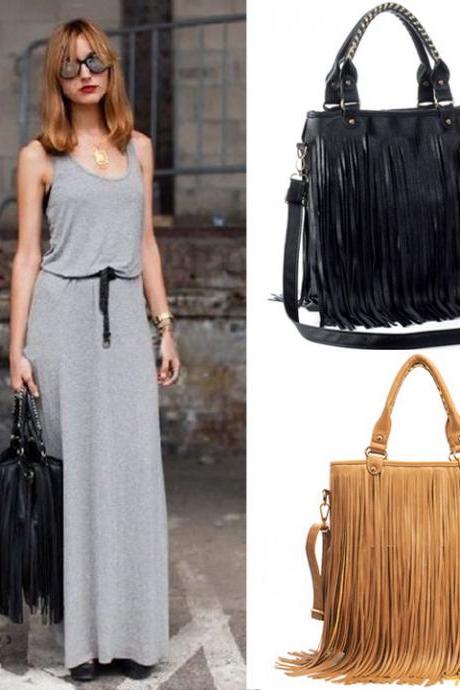 European Style Lady Girl Women Synthetic Leather Tassel Bag Fashionable Shoulder Bag Handbag