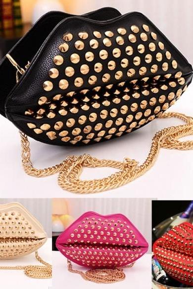 Fashion Lady Women's Artificial Leather Lip Shape Chain Rivets Shoulder Bag Cross Bags