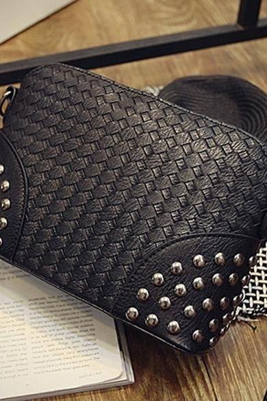 Fashion Women Synthetic Leather Braid Weave Rivets Shoulder Cross Body Bag Messenger