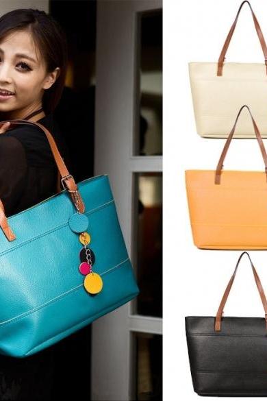 Colour Block Faux Leather Tote Bag with Keychain 