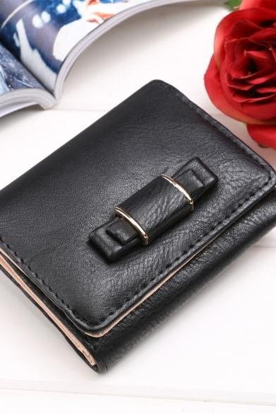 New Women Synthetic Leather Short Wallet Sweet Bow Bifold Button Casual Purse
