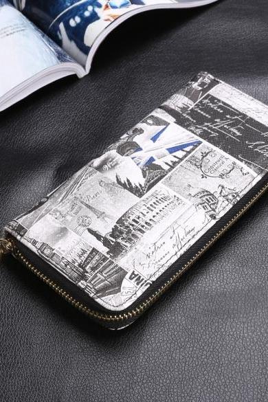 New Women Synthetic Leather Casual Vintage Style Print Zipper Long Wallet Purse
