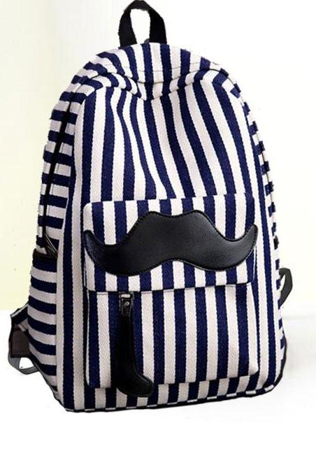 Fashion Stripe Mustache Letter Print Canvas Backpack Bag