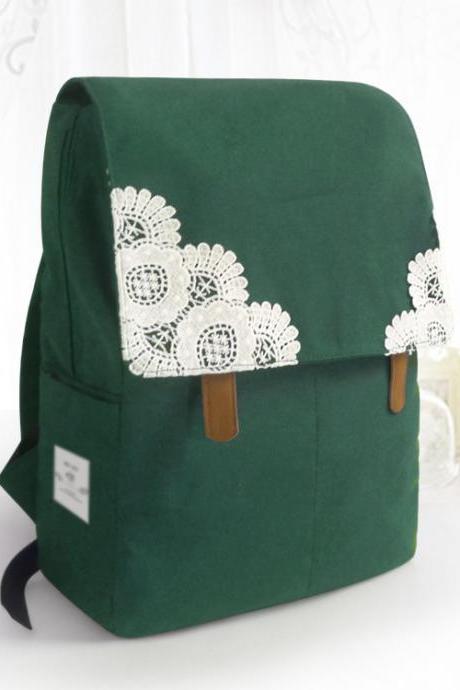Canvas Backpack with Lace Adorned Fold Over Cover