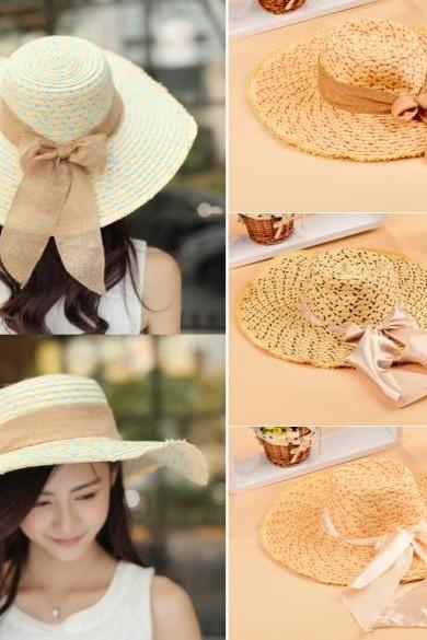 Women Bowknot Hat Wide Large Brim Girl Summer Beach Sun Straw Weave Casual Sun Hat