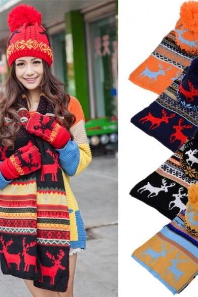 Stylish Women&amp;amp;#039;s Ladies Sweet Deer Pattern Winter Warm Thickening Knitted Long Scarf Shawl + Ski Hat Set