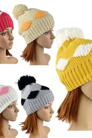 New Women's Diamond Grid Pattern Beanie Crochet Knit Winter Hat Large Ball Cap Ski