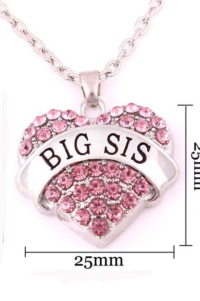 Big Sis Print Heart-shaped Crystal Pendant Jewelry Necklace