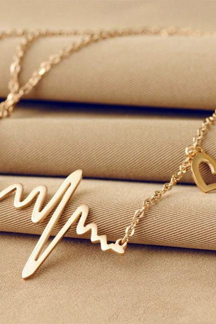 Ecg Heart Shape Fashion Clavicle Color Gold Alloy Necklace